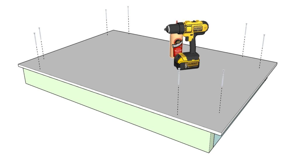 Securing the garage shelf plywood with glue and wood screws