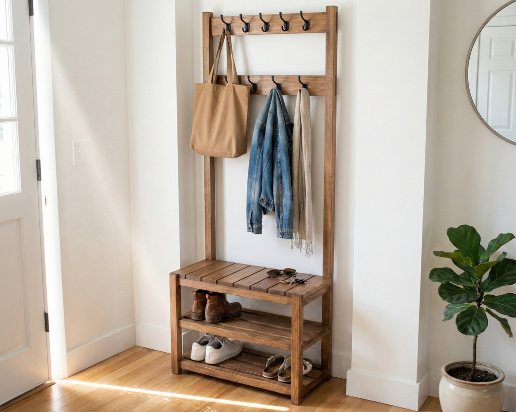 DIY Hall Tree Plan PDF: Solid Wood, Coat Hooks, Bench, Shoe Storage