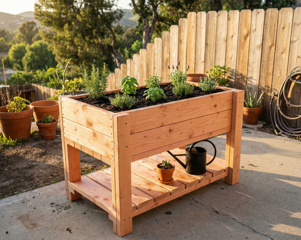 DIY Elevated Garden Bed Plan PDF: Built-In Storage Shelf, All 2x4 and 2x6 Lumber