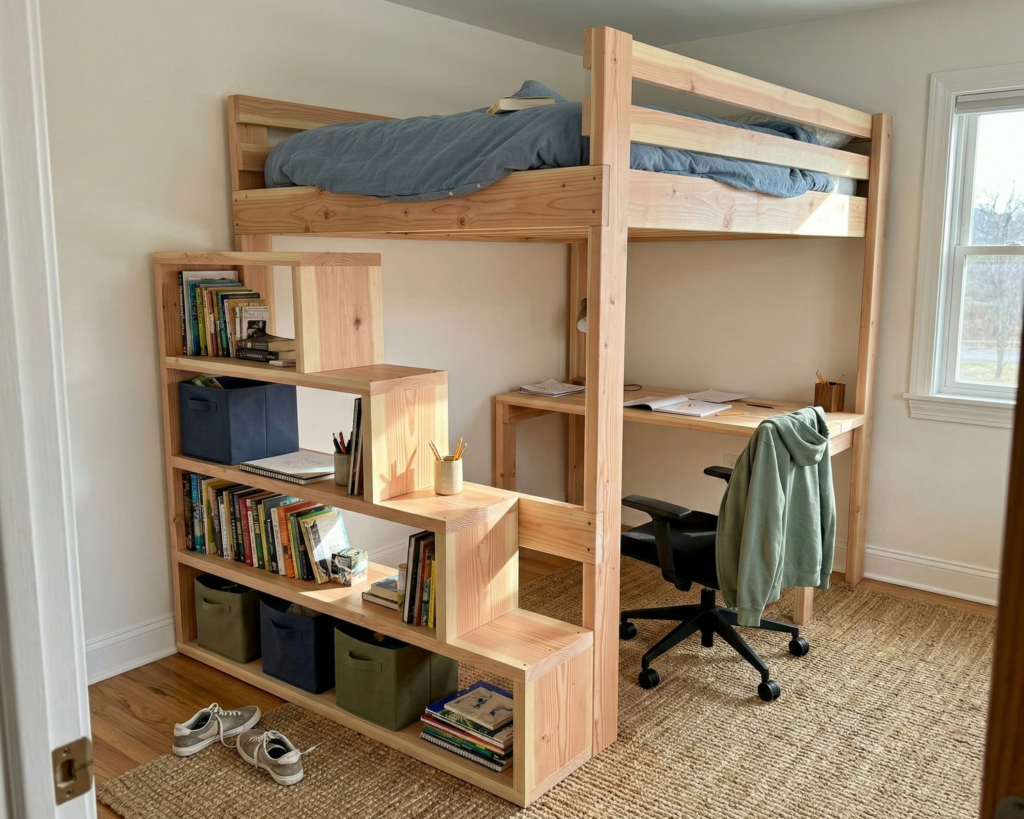 DIY Full Size Loft Bed with Desk Plan PDF: Built-In Stair Shelves, Beginner Friendly