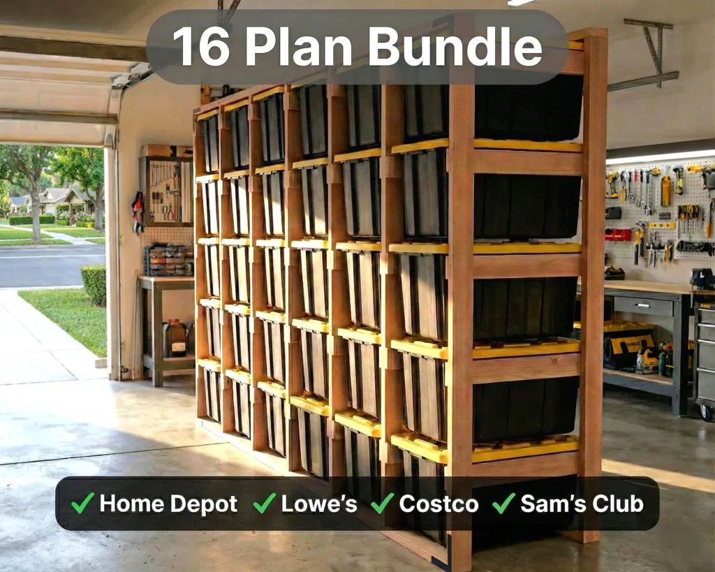 27-Gallon Tote Storage Rack Plans: 16-Plan Bundle — Home Depot, Lowe's, Costco, Sam's Club