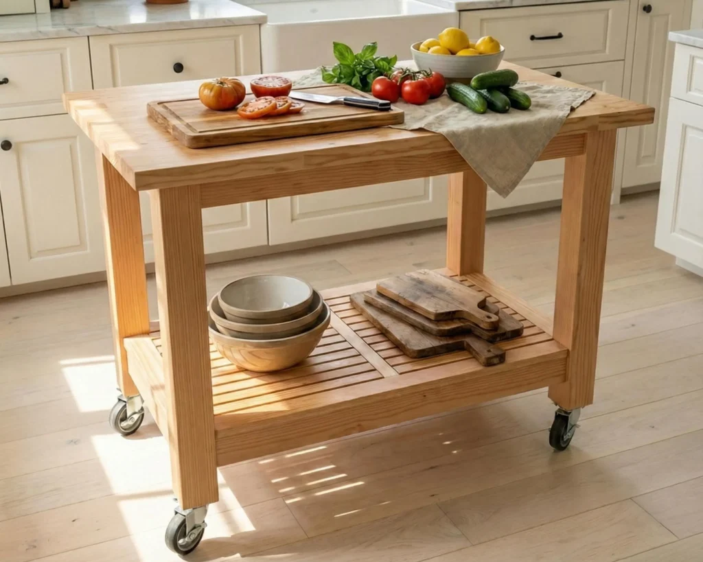 DIY Rolling Butcher Block Island Plan PDF: Counter Height, Locking Casters, Lower Shelf