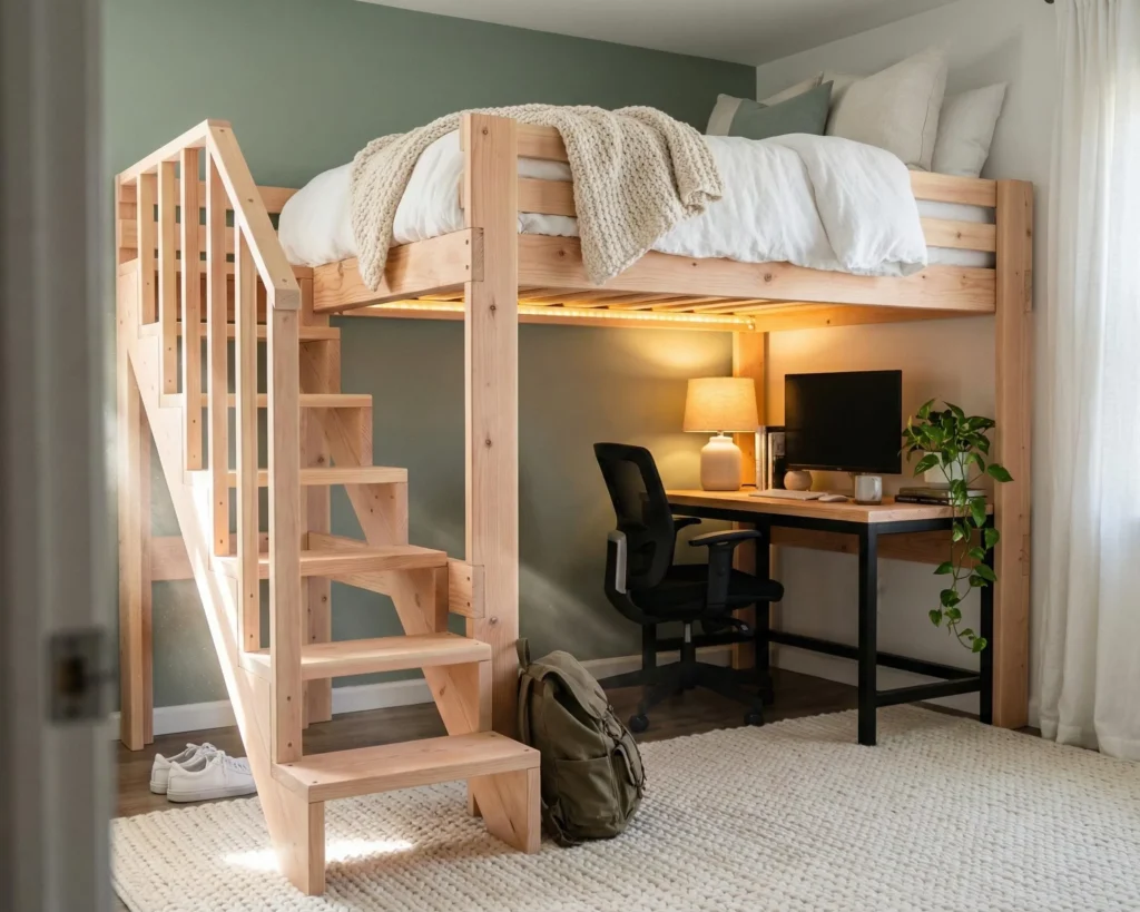 DIY Full Size Loft Bed Plan PDF: Staircase with Handrail and Safety Rails