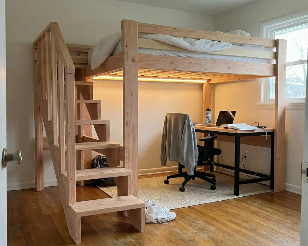 DIY Full Size Loft Bed Plan PDF: Staircase with Handrail and Safety Rails