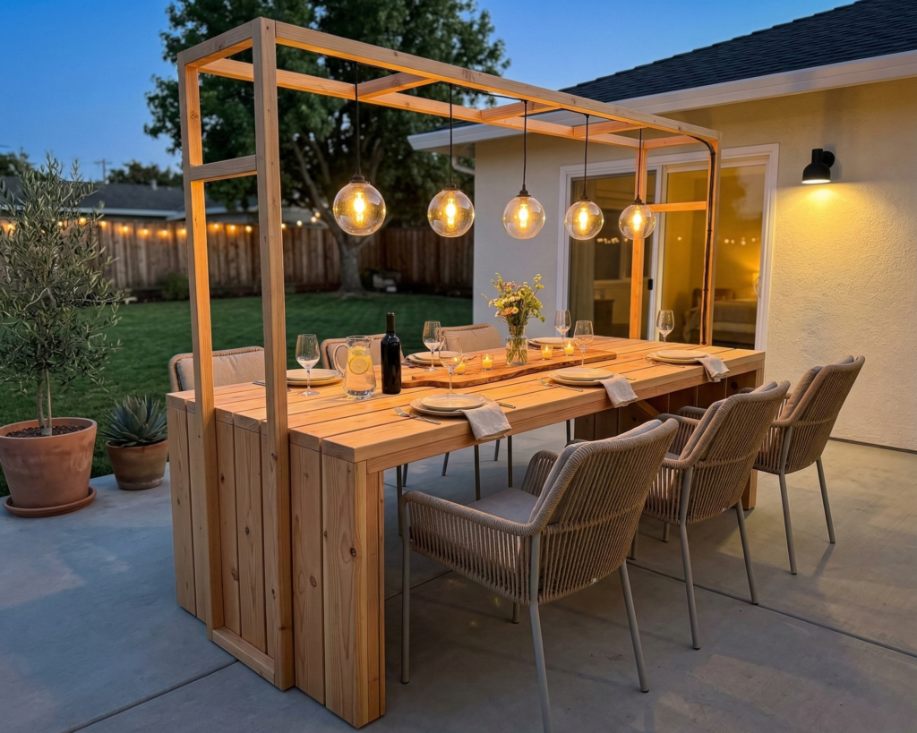DIY Outdoor Dining Table Plan PDF: Built-In Overhead Light Frame, 2x6 Lumber