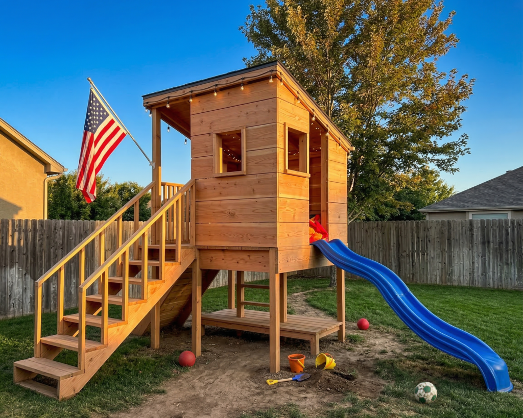 DIY Elevated Wooden Kids Playhouse Plan PDF: Wave Slide, Climbing Wall, Trap Door
