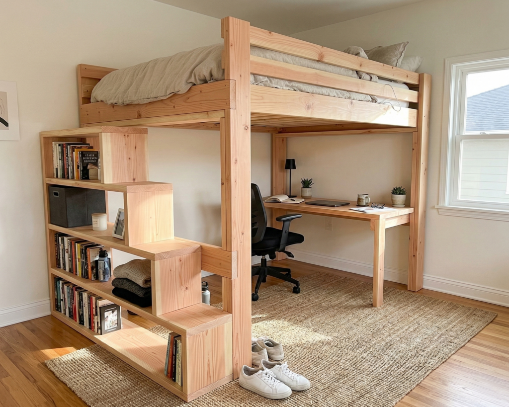 DIY Queen Size Loft Bed Plan PDF: Built-In Stair Shelves, Desk Included