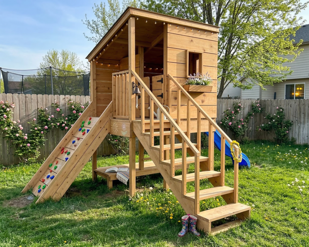 DIY Elevated Kids Playhouse Plan PDF: Wave Slide, Climbing Wall, Trap Door
