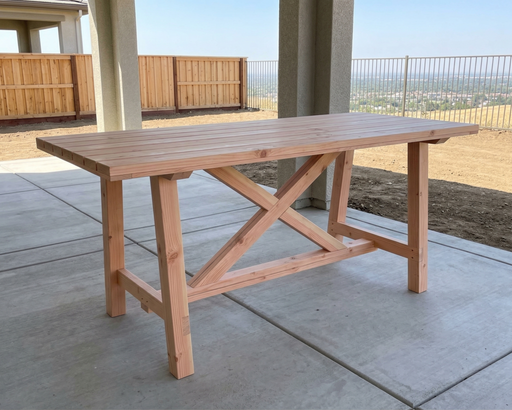 DIY Outdoor Bar Height Table Plan PDF: Farmhouse X-Brace, Seats 8