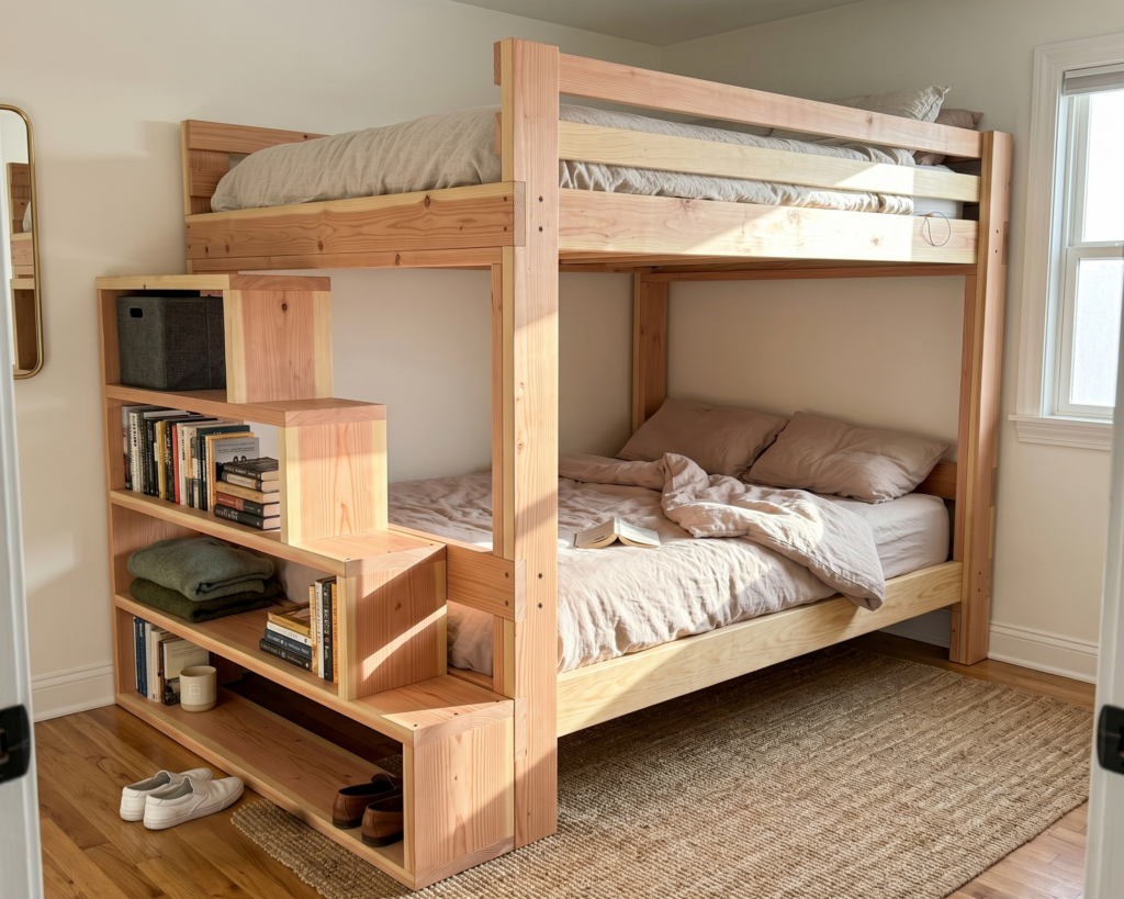 Queen Over Queen Bunk Bed Plans with Storage Stairs | Adult Wood Loft Furniture Woodworking PDF | DIY