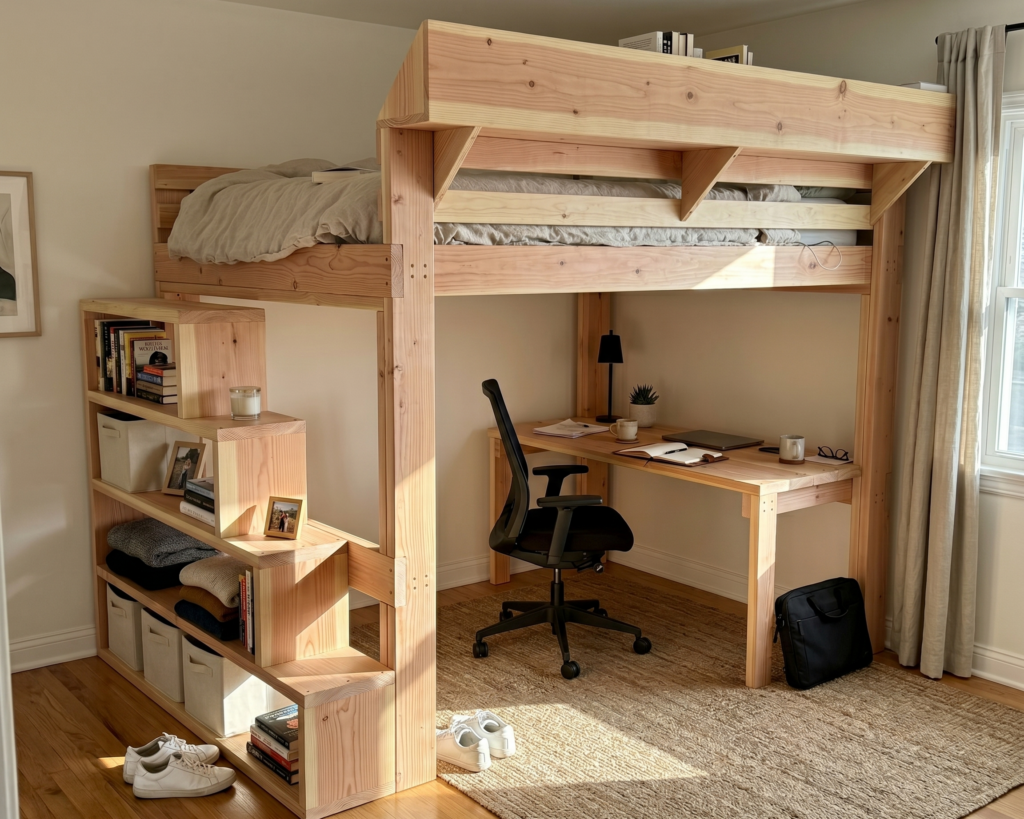 DIY Queen Loft Bed Plan PDF: Built-In Desk, Storage Stairs, Adult Build