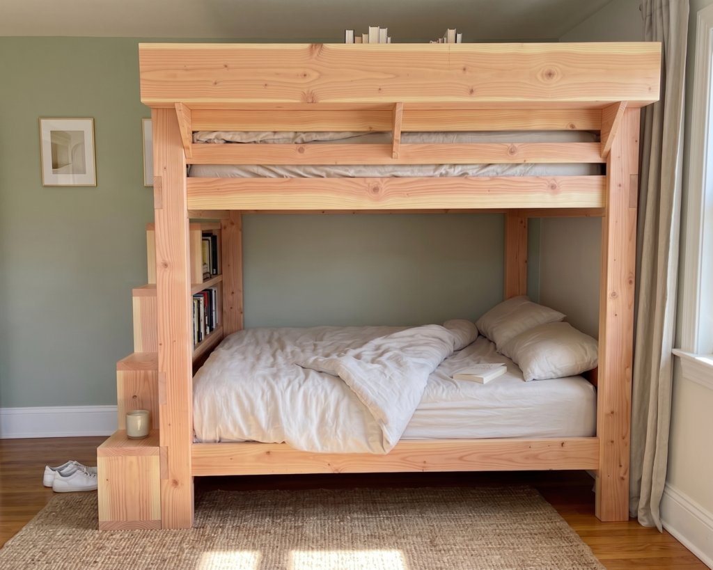 DIY Queen Over Queen Bunk Bed Plan PDF: Wood Build with Storage Stairs, Built-In Shelf