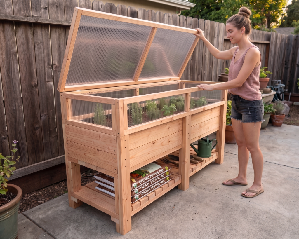 DIY Raised Garden Bed Plan PDF: Hinged Greenhouse Cover, Lower Storage Shelf