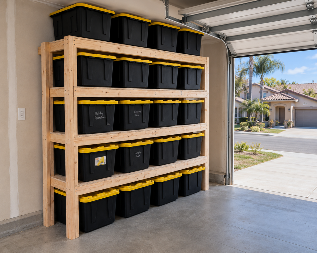 DIY 27-Gallon Tote Rack Plan PDF: Heavy-Duty Garage Shelving, 20-Bin Capacity